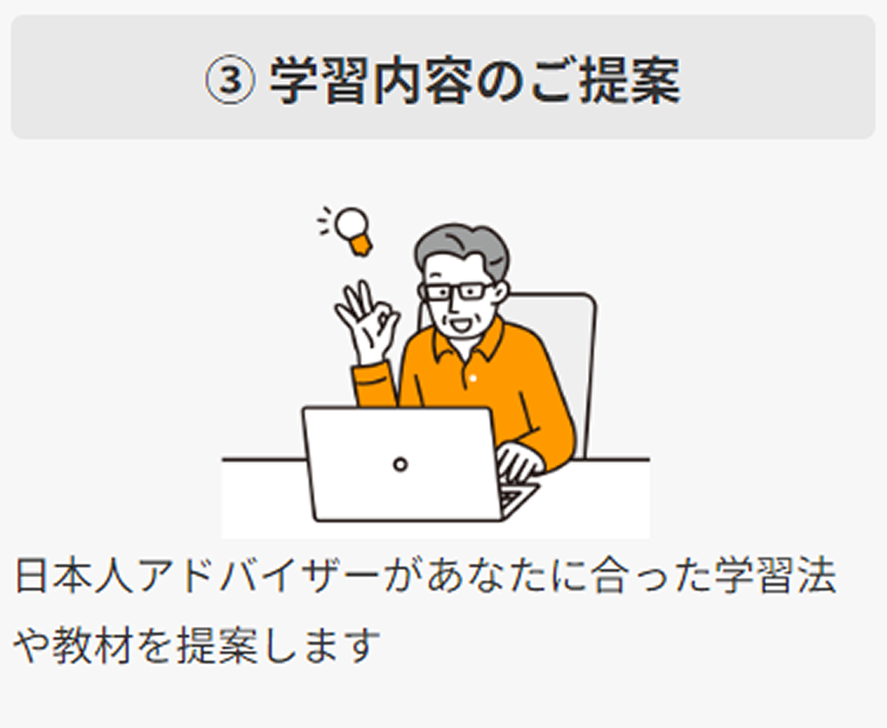 ③学習内容のご提案：日本人アドバイザーがあなたに合った学習法や教材を提案します